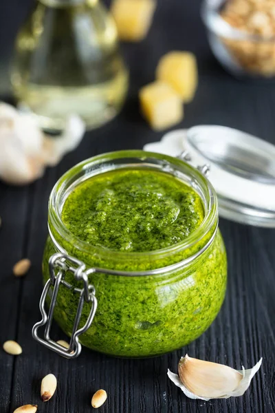 Basil Pesto Sauce Fresh Ingredient Dark Background Vertical Composition Close — Stock Photo, Image