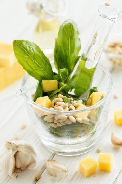 Fesleğen pesto sos ve taze madde beyaz arka plan, dikey kompozisyon 