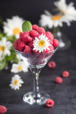 Martini cam üzerinde alan çiçekli taze Deluxe ahududu 