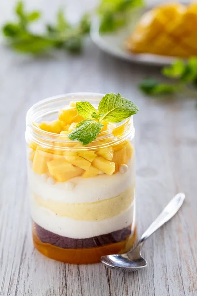 Dulce postre casero de mango, tarta de queso, bagatela, ratón en un gla — Foto de Stock