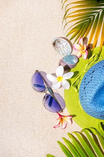 Sombrero de paja azul y verde con gafas de sol, conchas de mar y frangip —  Fotos de Stock