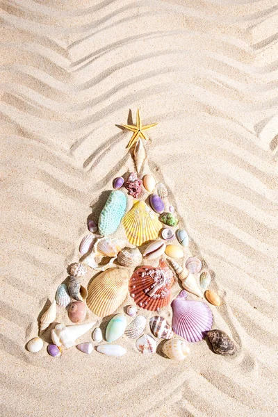 Albero di Natale composto da conchiglie e coralli sulla sabbia della spiaggia, posa piatta, composizione verticale — Foto Stock