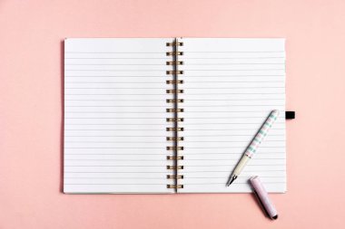 Pembe pastel arka plan üzerinde kalemli boş dizüstü bilgisayarın üst görünümü
