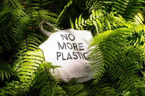 Eco bag NO LEBIH PLASTIC di tengah hijau segar dedaunan fopical tropis — Stok Foto