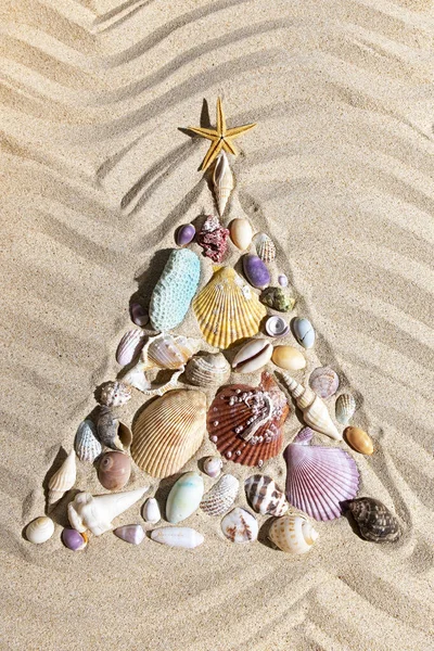 Albero di Natale composto da conchiglie e coralli sulla sabbia della spiaggia, posa piatta, composizione verticale — Foto Stock