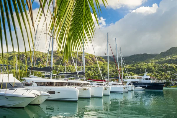 Luxusní jachty a čluny za slunného letního dne v přístavu Eden Island, mait, Seychely — Stock fotografie