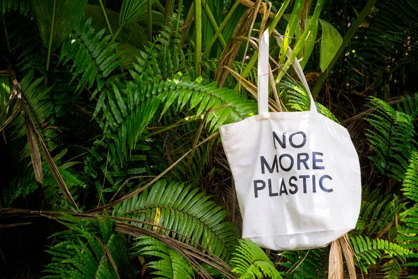 Eco bag NO LEBIH PLASTIC di tengah-tengah dedaunan tropis hijau segar — Stok Foto