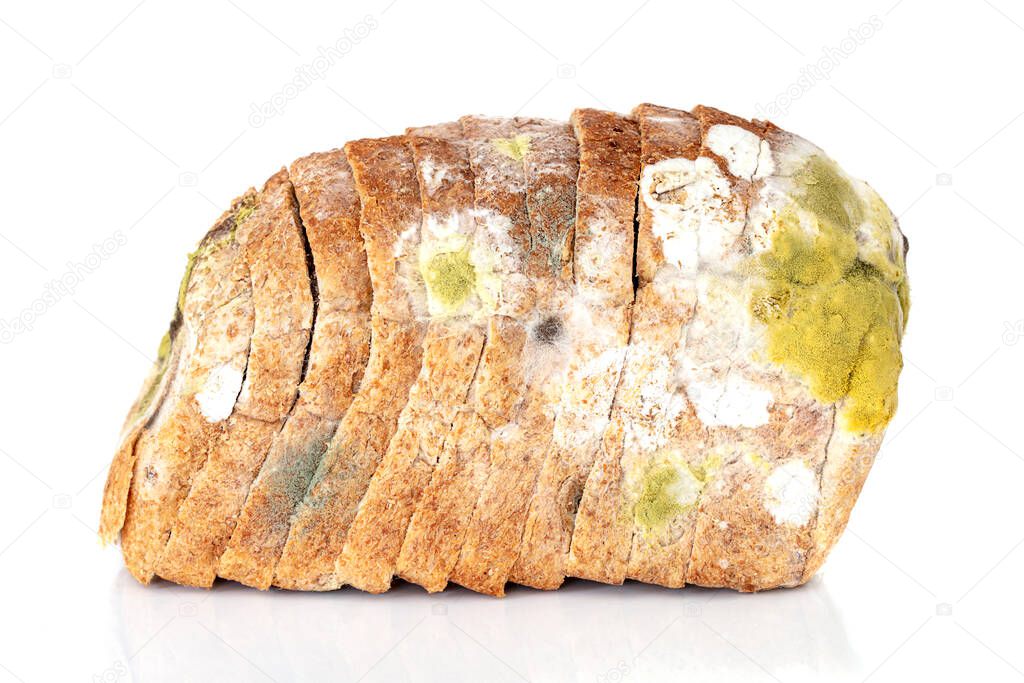 Mildew on a sliced loaf of bread. Old loaf of bread, covered with mildew isolated on white background