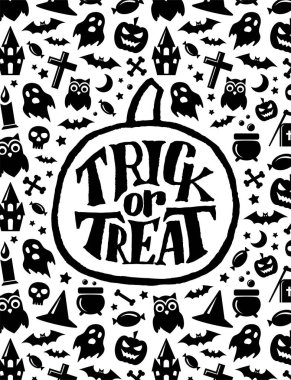 Cadılar Bayramınız Kutlu Olsun. Tatil arka plan metin kabak üzerinde yazı ya parani ya canini el ile. Jack o fener, yarasalar, hayalet, kafatası işaretleri ve diğer korkunç simgeler vektör afiş şablon.