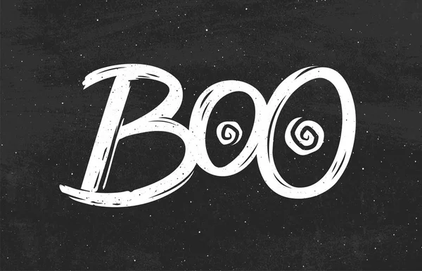 Boo Tekst Zwart Schoolbord Achtergrond Hand Getrokken Belettering Voor Halloween — Stockvector