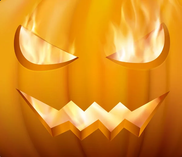 Närbild Halloween Pumpa Med Skrämmande Ansikte Brand Burning Jack Lantern — Stock vektor