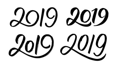 Decoration elements for New Year 2019. Set 3 with handwritten numbers for Chinese for Year of the Pig. Vector illustration.