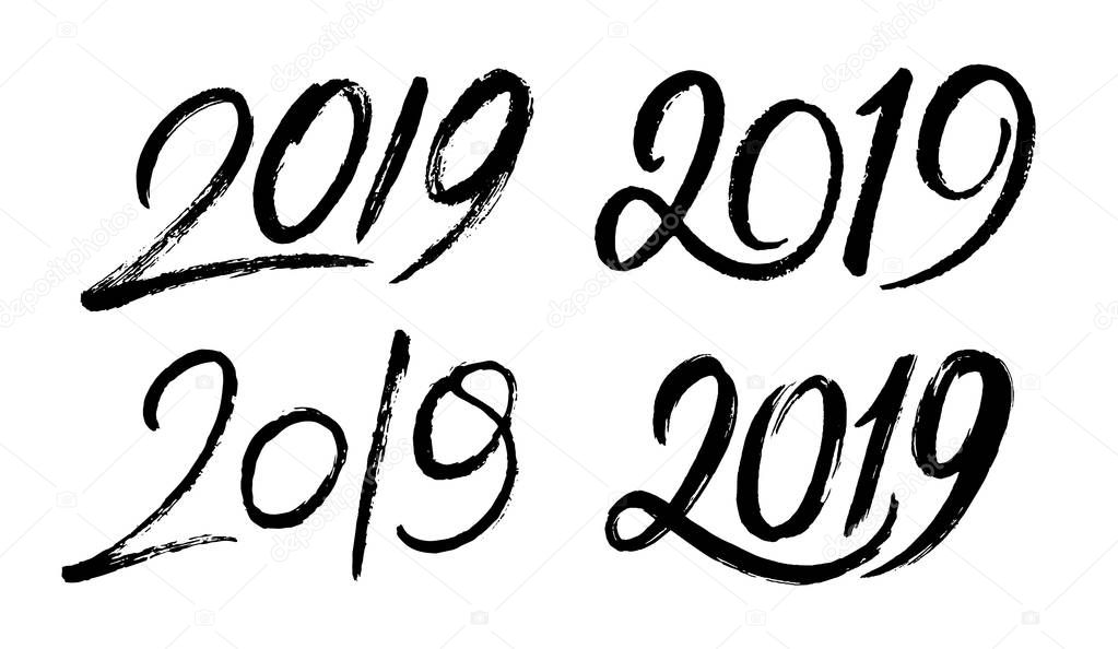 Decoration elements for New Year 2019. Set 4 with handwritten numbers for Chinese for Year of the Pig. Vector illustration.