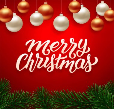 Neşeli Noel hat metinle topları kırmızı vektör arka plan üzerinde asılı gerçekçi köknar ağacı dalları, kenarlık ve altın rengi. Tebrik kartı tasarımı