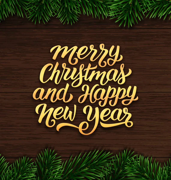 Merry Christmas Happy New Year Wishes Vintage Wood Background Fir — Stock Vector
