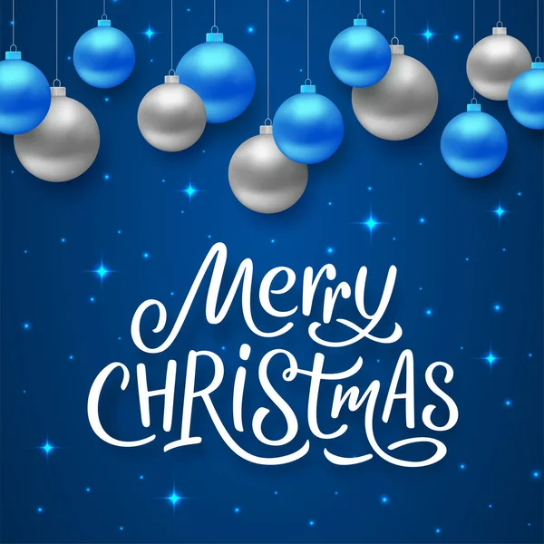 Merry Christmas Seasons Greetings Text Blue Background Sparkles Colorful Hanging — Stock Vector