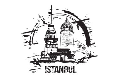 Kız Kulesi (Kiz Kulesi) ve Galata Kulesi. Istanbul, Türkiye şehir tasarım. Elle çizilmiş illüstrasyon.