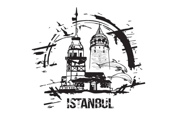 Maiden Toren Kiz Kulesi Galata Tower Istanbul Turkije Stad Design — Stockvector