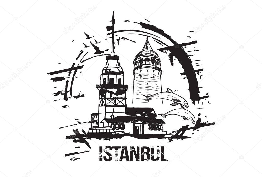 The Maiden's Tower (Kiz Kulesi) and Galata Tower. Istanbul, Turkey city design. Hand drawn illustration.