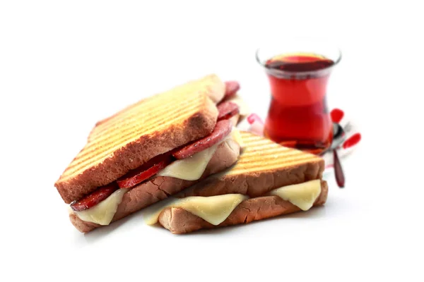 Turkish Toast Sucuk Cheese White Background Turkish Tea — Stock Photo, Image