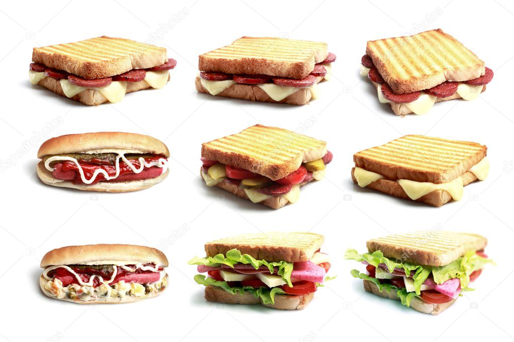 Hot dog and Turkish toast varieties on white background