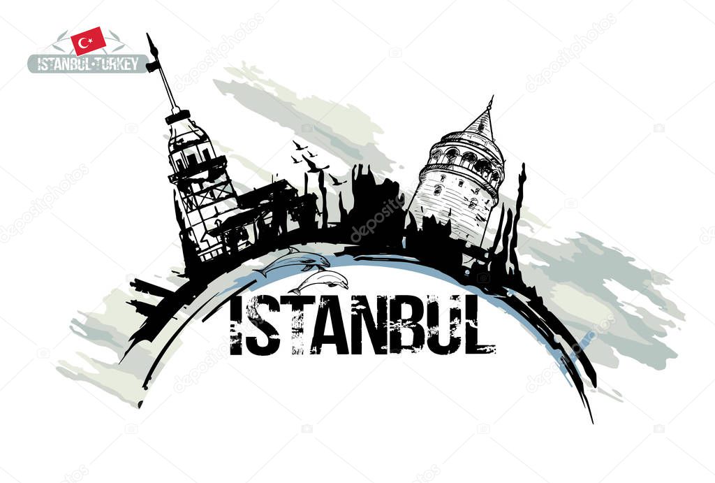 The Maiden's Tower and Galata Tower. Istanbul, Turkey city design. Hand drawn illustration.