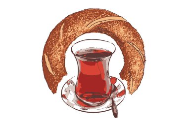 Bir fincan Türk siyah çay ve simit beyaz zemin üzerinde. Vektör çizim.
