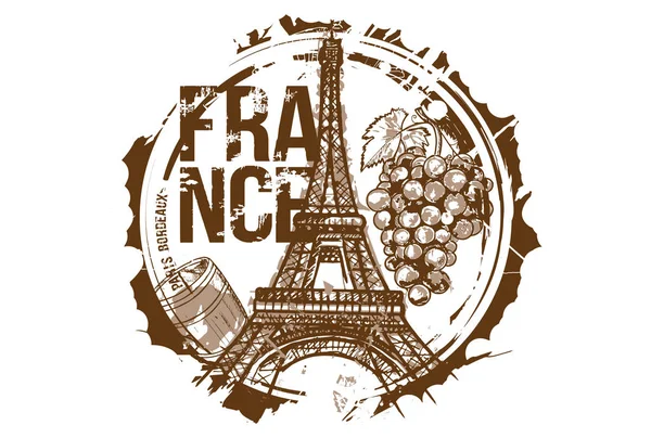 Gammal Trä Fat Och Massa Druvor Och Eiffeltornet Bordeaux Paris — Stock vektor