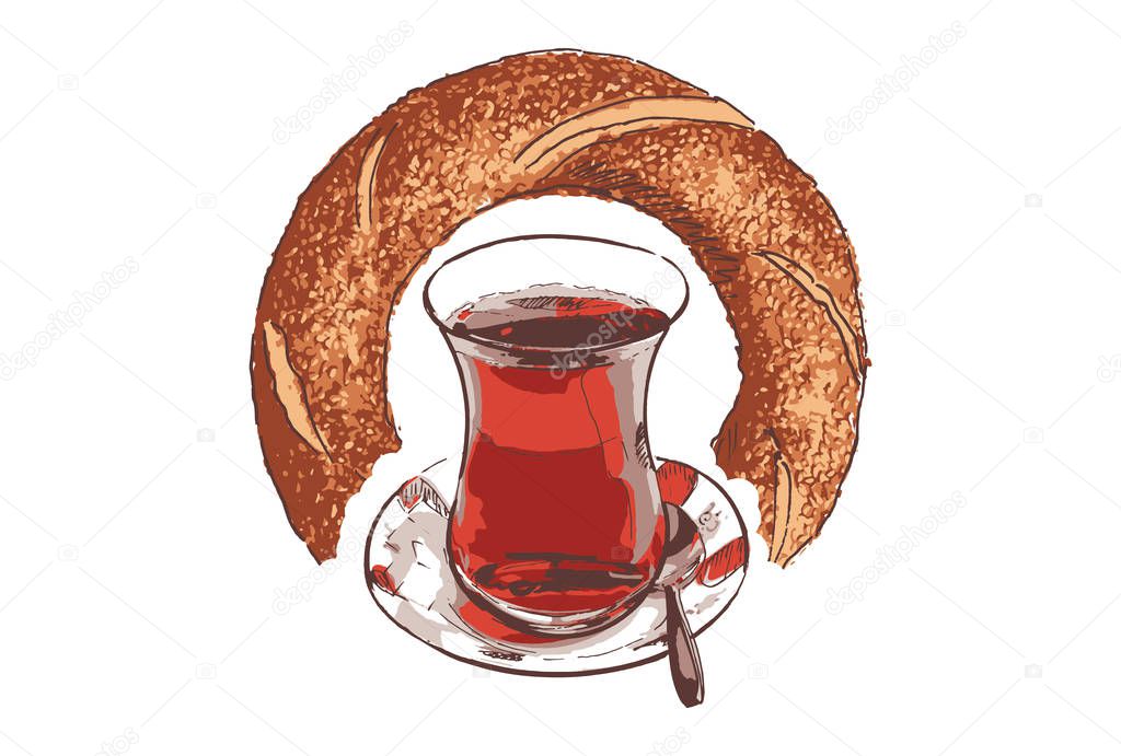 A cup of Turkish black tea and bagel on a white background. Vector illustration.