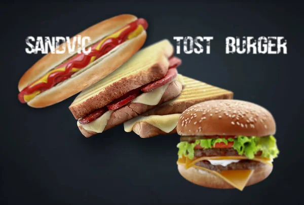 Toast Burger Und Wurstsandwich Auf Schwarzem Hintergrund — Stockfoto