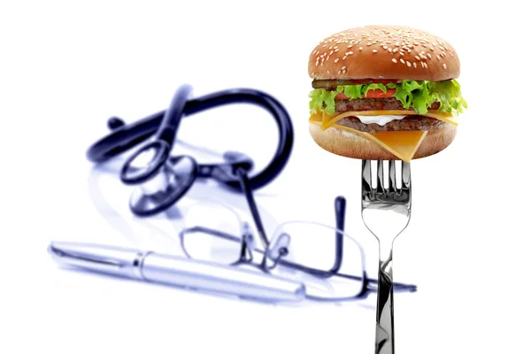 Burger Brille Stift Und Stethoskop Auf Weißem Hintergrund Ungesundes Lebenskonzept — Stockfoto