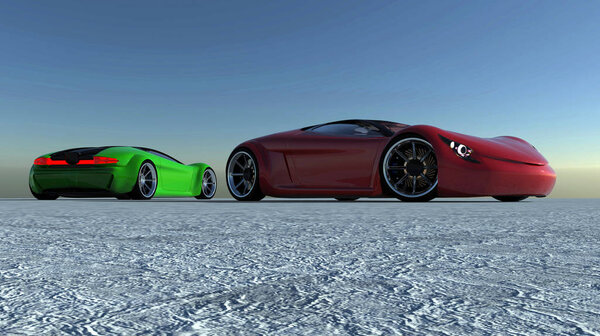 3D illustrations.Possible sports car concept. Two cars, red and green.