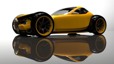 Elektrik araçları geliştirme, 3d illüstrasyon izole ışık arka plan üzerinde siyah ve sarı elektrikli spor otomobil mümkün kavramı. Bir marka