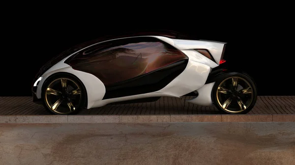 3D çizim. Yapay ışık yolu üzerindeki beyaz elektrikli konsept otomobili olduğunu