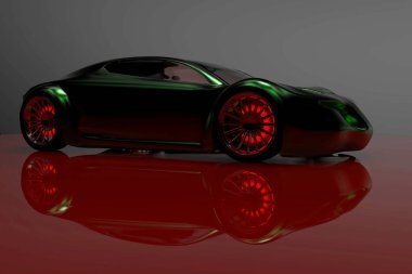 3D çizimler. Gri-kırmızı zemin üzerine izole mümkün spor araba konsepti. Koyu yeşil spor araba. Isınmış frenler