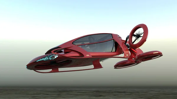Transport Przyszłości Czerwony Samochód Leci Nad Ziemią Tle Zamglonego Horyzontu — Zdjęcie stockowe