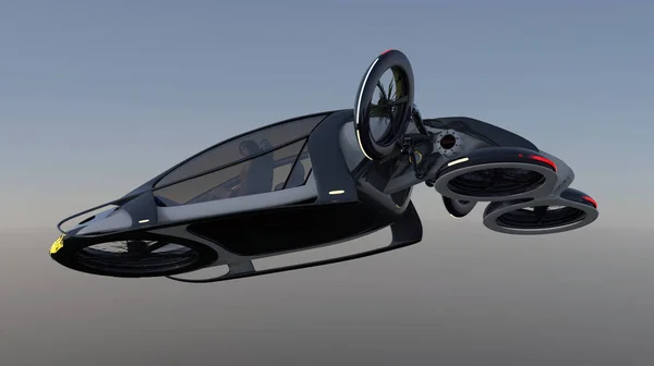 未来的飞车 在灰蓝色的天空中飞行 未来的客运 可能的概念 3D插图 — 图库照片