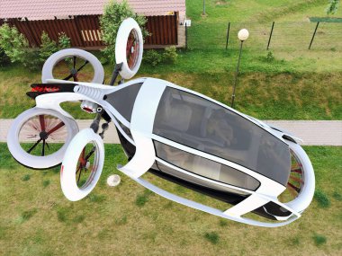 Şehrin üzerinde uçan fütürist beyaz bir araba. Geleceğin yolcu taşımacılığı. Olası konsept. 3B illüstrasyon