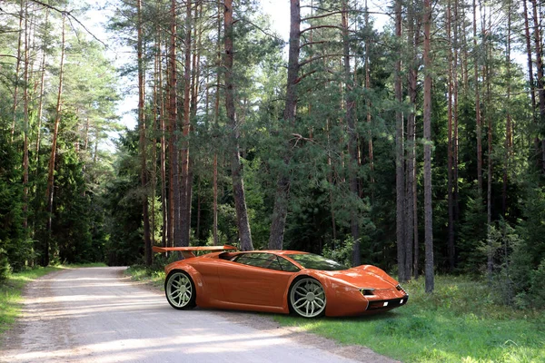 3D illustration. Sports car on a forest road. Possible concept of an electric car. Does not exist in reality, not a trademark