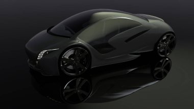 Üç boyutlu bir çizim. Siyah arka planda izole edilmiş bir araba. Elektrikli araba kavramı. Bu bir marka değil..