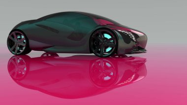 Üç boyutlu bir çizim. Gri arka planda izole edilmiş bir araba. Elektrikli araba kavramı. Bu bir marka değil..