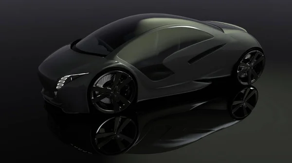 Üç boyutlu bir çizim. Siyah arka planda izole edilmiş bir araba. Elektrikli araba kavramı. Bu bir marka değil..