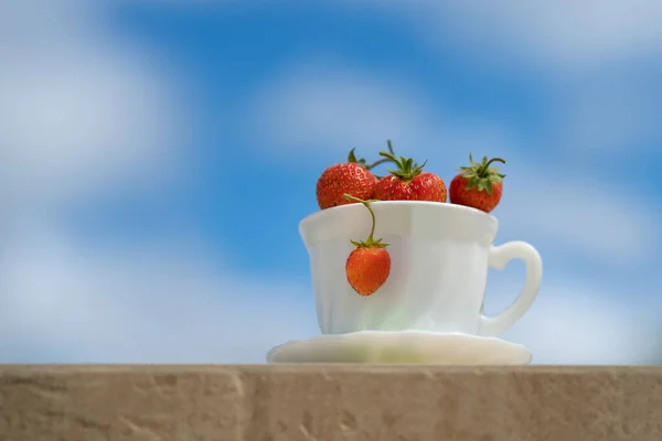 Bir fincan çilek. Bulutlu mavi gökyüzünün arka planında beyaz bir fincanda çilekler. Kavram, İyi yaz sabahı 