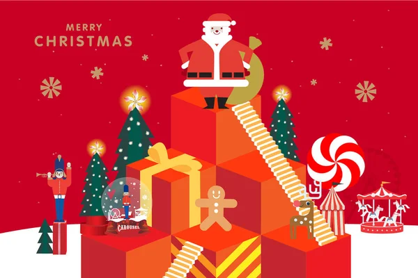 サンタは赤い背景と陽気なクリスマスのコンセプトで — ストックベクタ