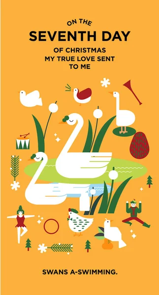 Swans Swimming Orange Background Merry Christmas Concept — 图库矢量图片