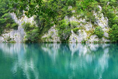 Plitvice Hırvatistan güzel göller geç yaz sezonunda, temiz saf su ve bu, Avrupa'nın kalbinde şaşırtıcı doğal rezerv ağaçlarda yansıması ile