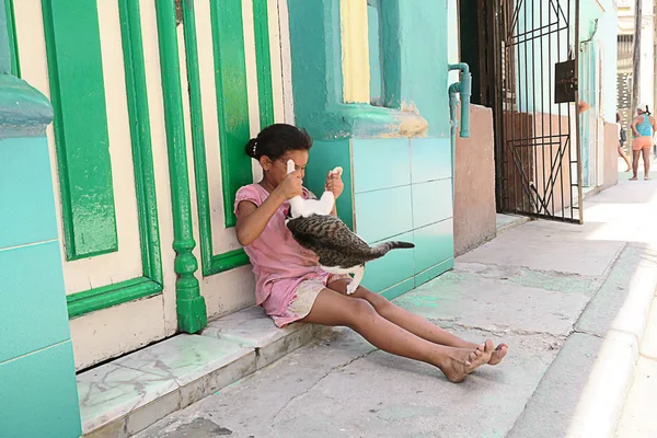 Küba, Havana - 07 Nisan, 2016: sıcak Küba güneşten gizleme gölgede, onu eve önünde yere oturmuş onu evde beslenen hayvan kedi ile oynarken küçük bir Küba kız
