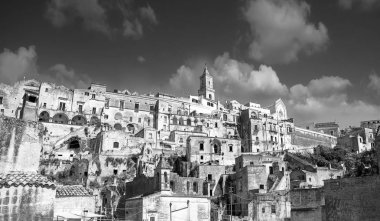 Siyah beyaz görüntü Matera Sassi çoğu Güney İtalya - Matera, dünyada inanılmaz ve eşsiz şehir mimarisi kayalar ve mağaraları ile antik şehrin tarihi