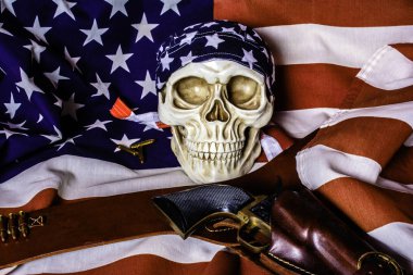 human skull with american flag skull cap and leather holster with black revolver on american flag clipart