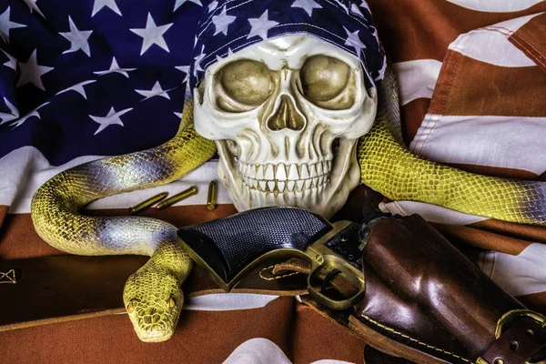 human skull with american flag skull cap and leather holster and black revolver and large yellow snake on american flag
